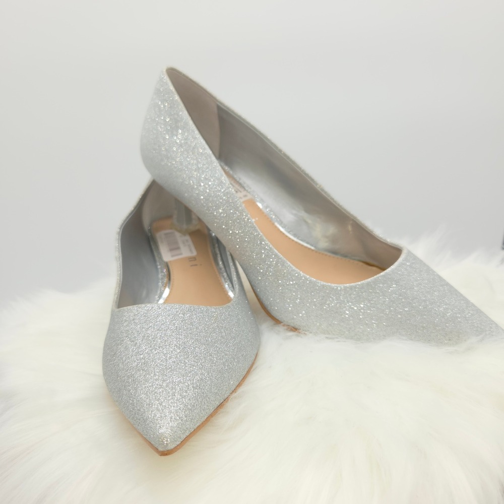 Gianni Bini Silver Glitter Pumps Women Clear Kitten Heel Pointed Toe 10M NWT